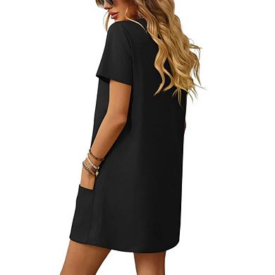 Womens Solid Color Casual Summer Square Neck Short Sleeve Mini Dresses with Pockets