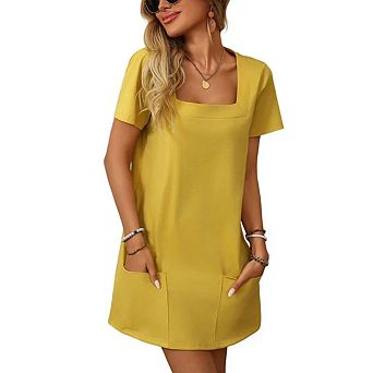 Womens Solid Color Casual Summer Square Neck Short Sleeve Mini Dresses with Pockets