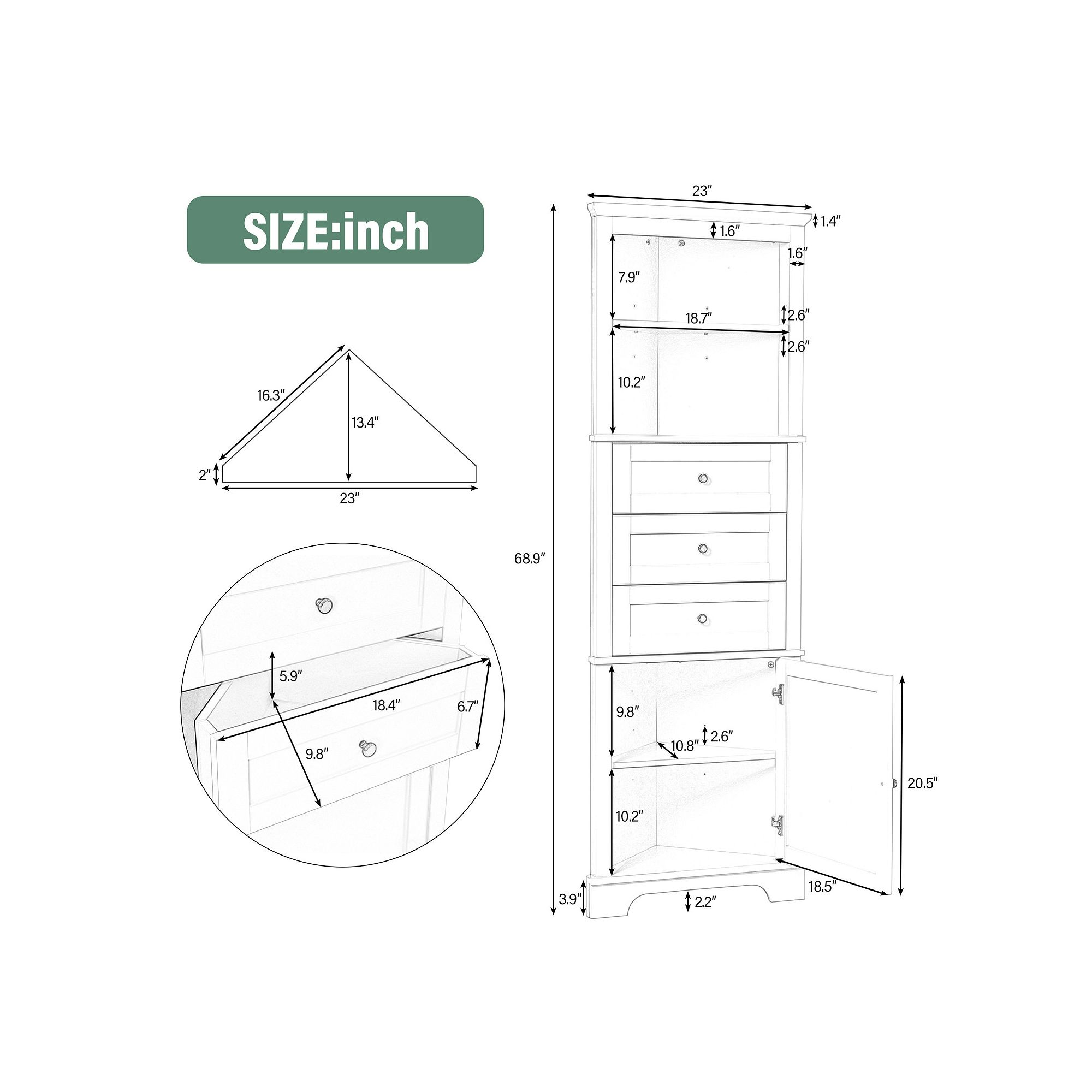 Size diagram for ELEMENT ACE tall corner storage cabinet in inches