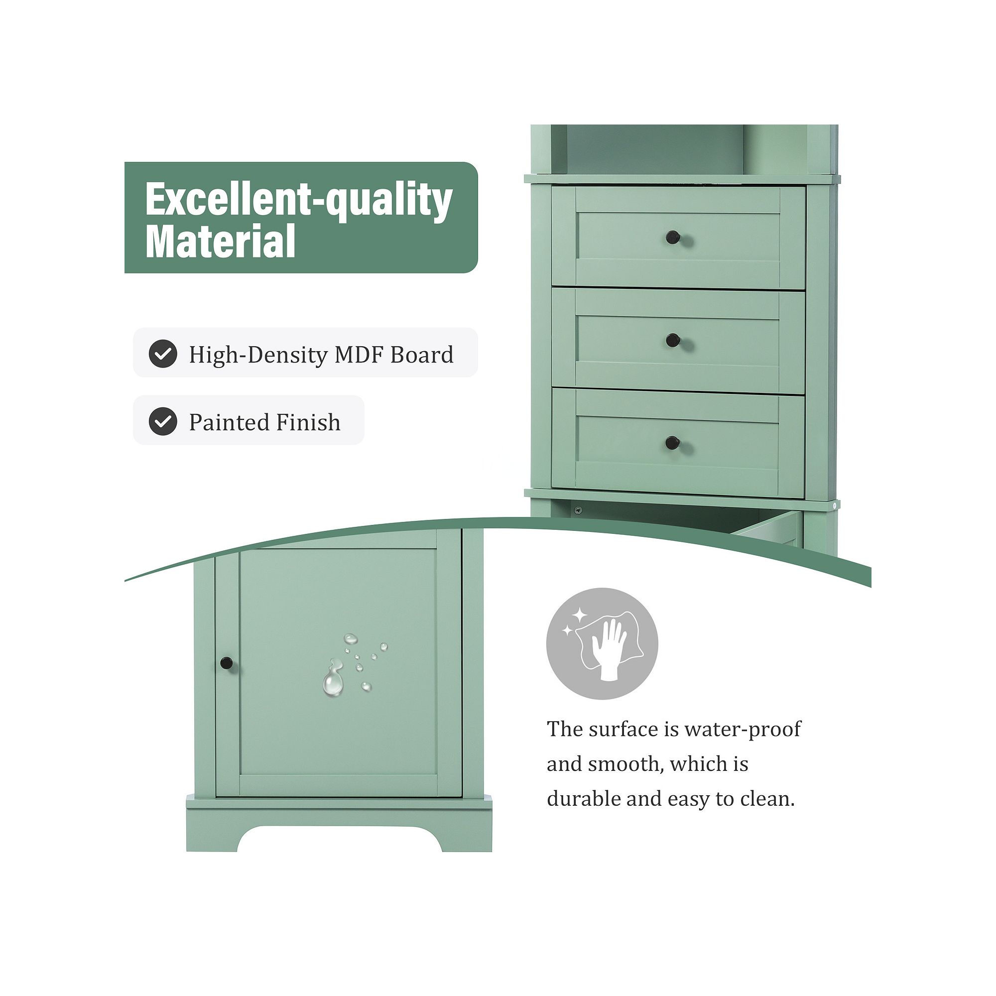 Close-up infographic highlighting material and water-proof surface for storage cabinet