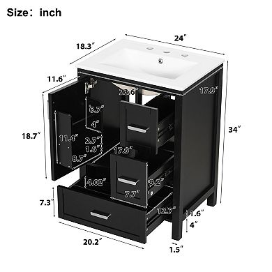 ELEMENT ACE Modern 24-Inch Bathroom Vanity with Ceramic Sink and Soft-Close Storage