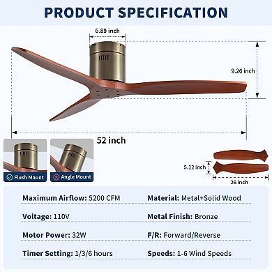 ELEMENT ACE 52 Inch Rustic Elegance Solid Wood Flush Mount Ceiling Fan Without Light