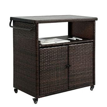 ELEMENT ACE Outdoor Wicker Bar Cart with Wheels and Tempered Glass Top