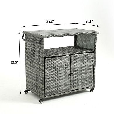 ELEMENT ACE Outdoor Wicker Bar Cart with Wheels and Tempered Glass Top