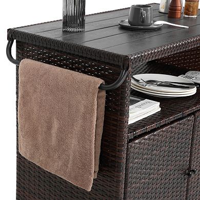 ELEMENT ACE Outdoor Wicker Bar Cart with Wheels and Tempered Glass Top