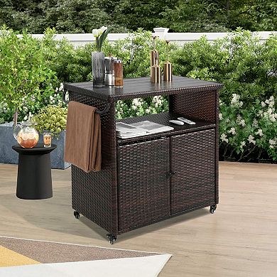 ELEMENT ACE Outdoor Wicker Bar Cart with Wheels and Tempered Glass Top