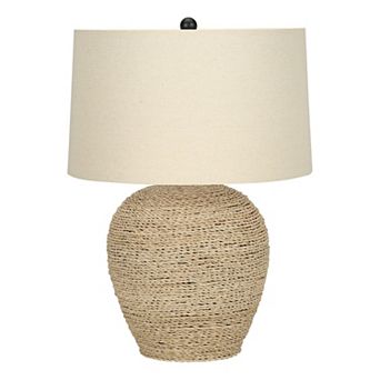 ELEMENT ACE Transitional Rattan Table Lamp with Beige Linen Drum Shade