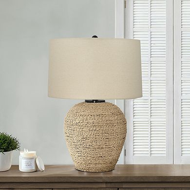 ELEMENT ACE Transitional Rattan Table Lamp with Beige Linen Drum Shade