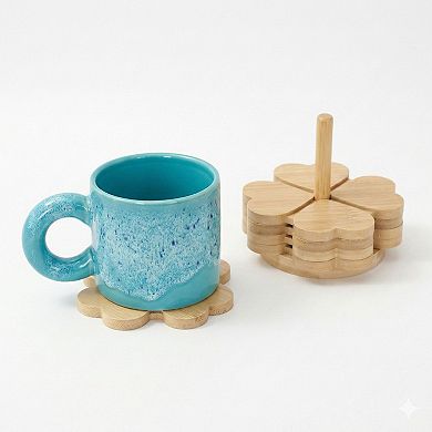 5-Piece Bamboo Flower Shaped Coaster Set with Holder Stand