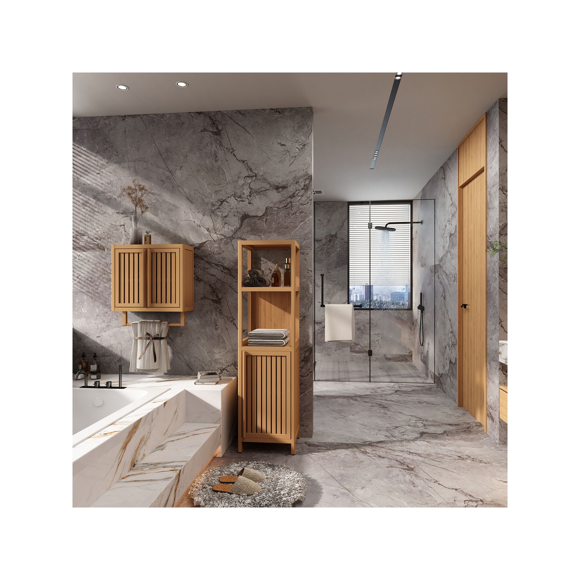 Wood bathroom storage cabinet with open shelves and slatted door