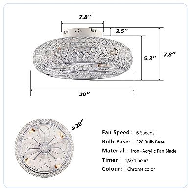 ELEMENT ACE 20 Inch Crystal Ceiling Fan with Remote Control and Flush Mount Light