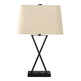 ELEMENT ACE Transitional USB Table Lamp with X-Frame Design and Linen Shade