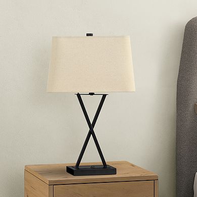 ELEMENT ACE Transitional USB Table Lamp with X-Frame Design and Linen Shade