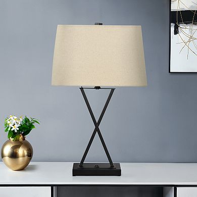 ELEMENT ACE Transitional USB Table Lamp with X-Frame Design and Linen Shade