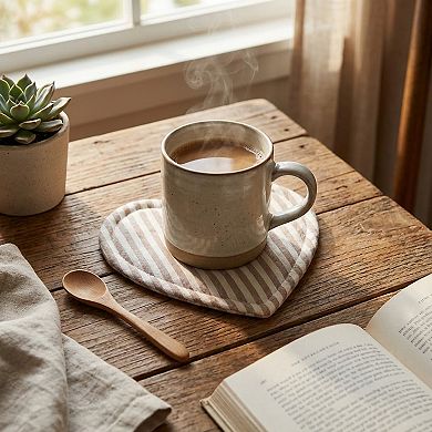 2-PC Heart Shaped Fabric Cup Coaster with Soft Padded Design and Striped Pattern