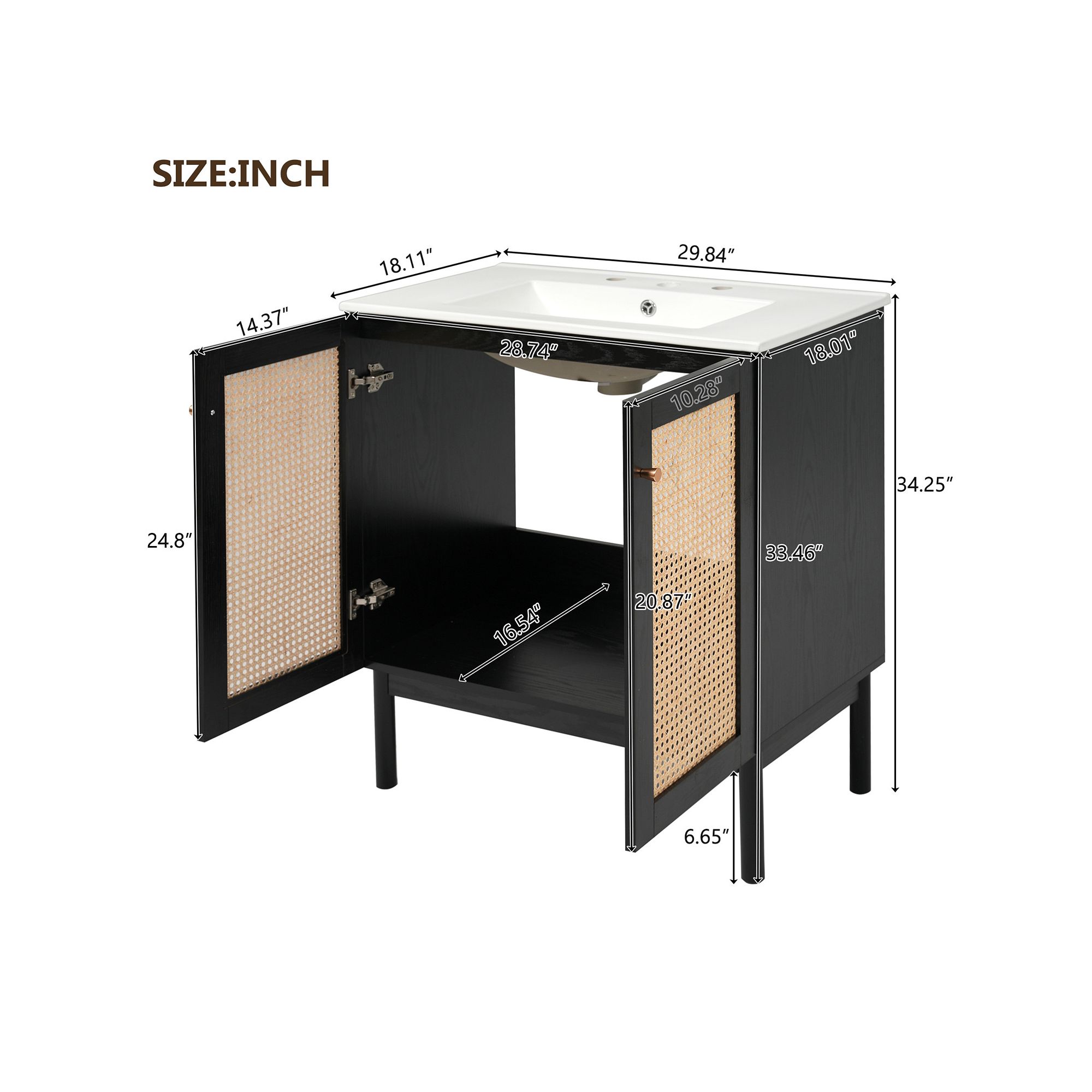 Vanity dimensions diagram in inches for natural bamboo cabinet with rattan doors