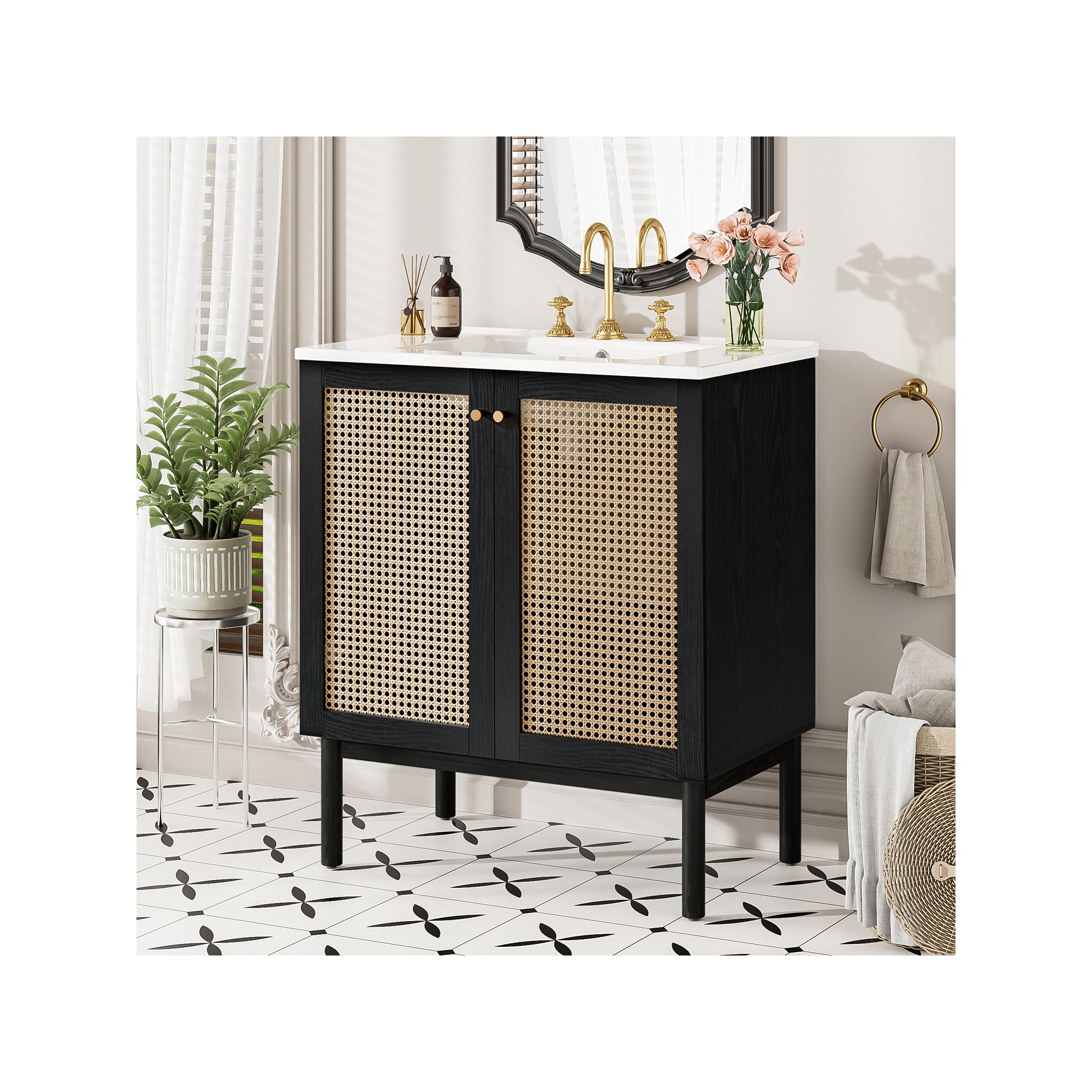 Black bathroom vanity with rattan doors