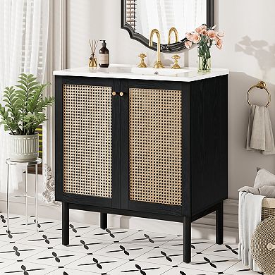 ELEMENT ACE Natural Bamboo Bathroom Vanity with Rattan Doors and Soft Close