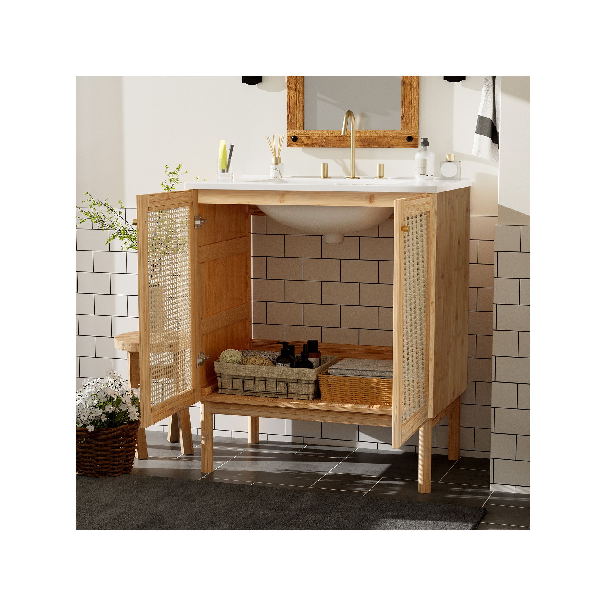 Natural bamboo bathroom vanity with rattan doors open to show interior shelving