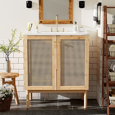 ELEMENT ACE Natural Bamboo Bathroom Vanity with Rattan Doors and Soft Close