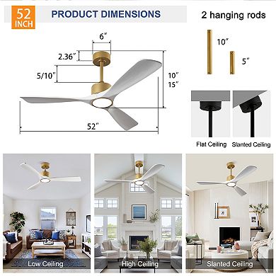 ELEMENT ACE 52 Inch Solid Wood Ceiling Fan with Dimmable LED Light and Remote Control