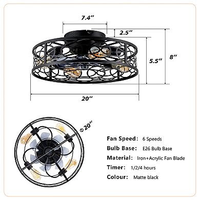 ELEMENT ACE 20 Inch Flush Mount Caged Ceiling Fan with Remote Control and Light Kit