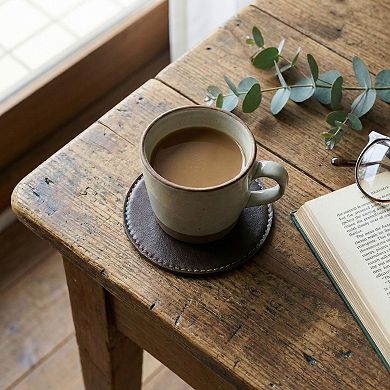 4-PC Round Leather Coaster with Stitched Edge Durable Table Protector