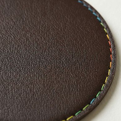 4-PC Round Leather Coaster with Stitched Edge Durable Table Protector