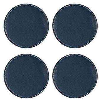 4 pc Round Leather Coaster with Stitched Edge Durable Table Protector