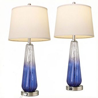 ELEMENT ACE Set of 2 Modern Glass Table Lamps Set with Touch Control and USB Charging Ports