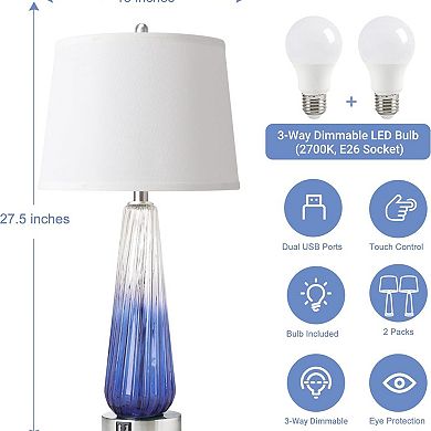 ELEMENT ACE Set of 2 Modern Glass Table Lamps Set with Touch Control and USB Charging Ports