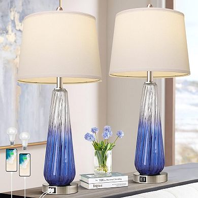 ELEMENT ACE Set of 2 Modern Glass Table Lamps Set with Touch Control and USB Charging Ports