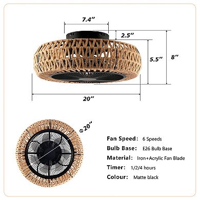 ELEMENT ACE 20-Inch Vintage Rope Cage Ceiling Fan with Remote Control