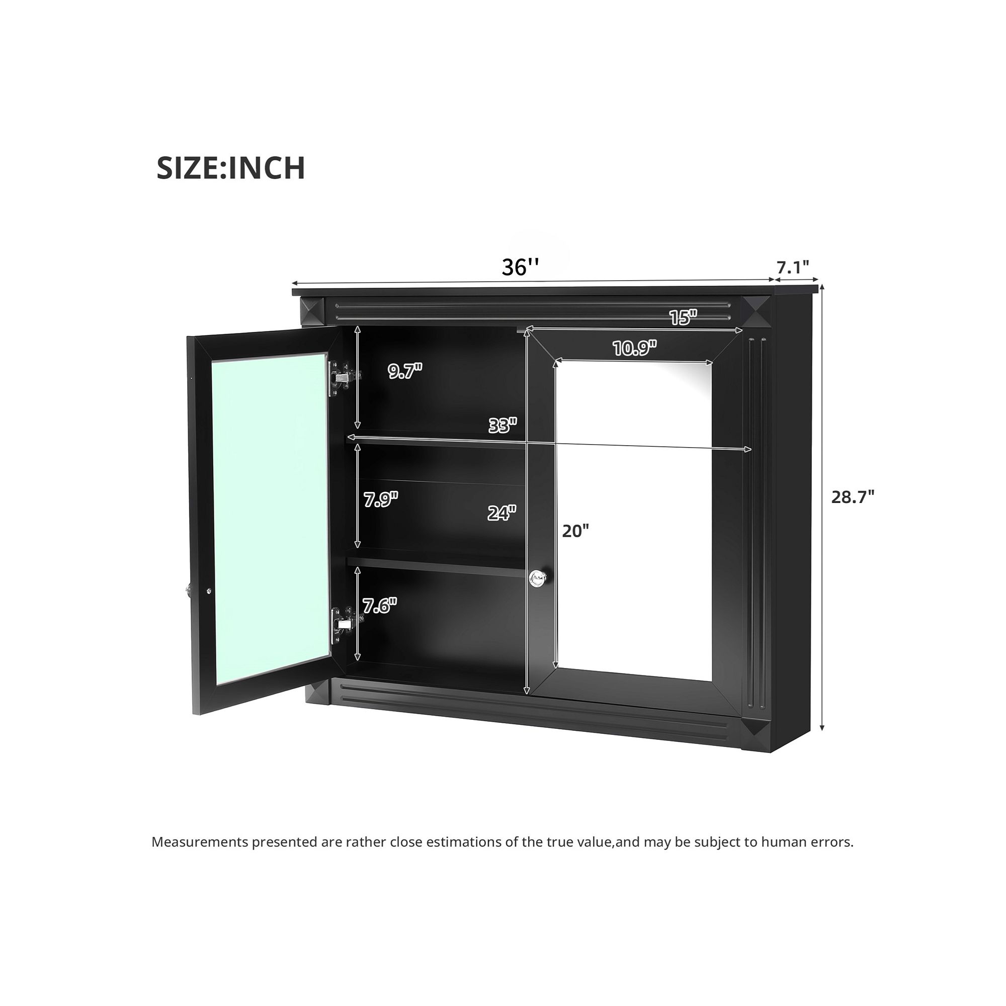 Bathroom cabinet dimensions diagram showing width, height, and interior clearances.