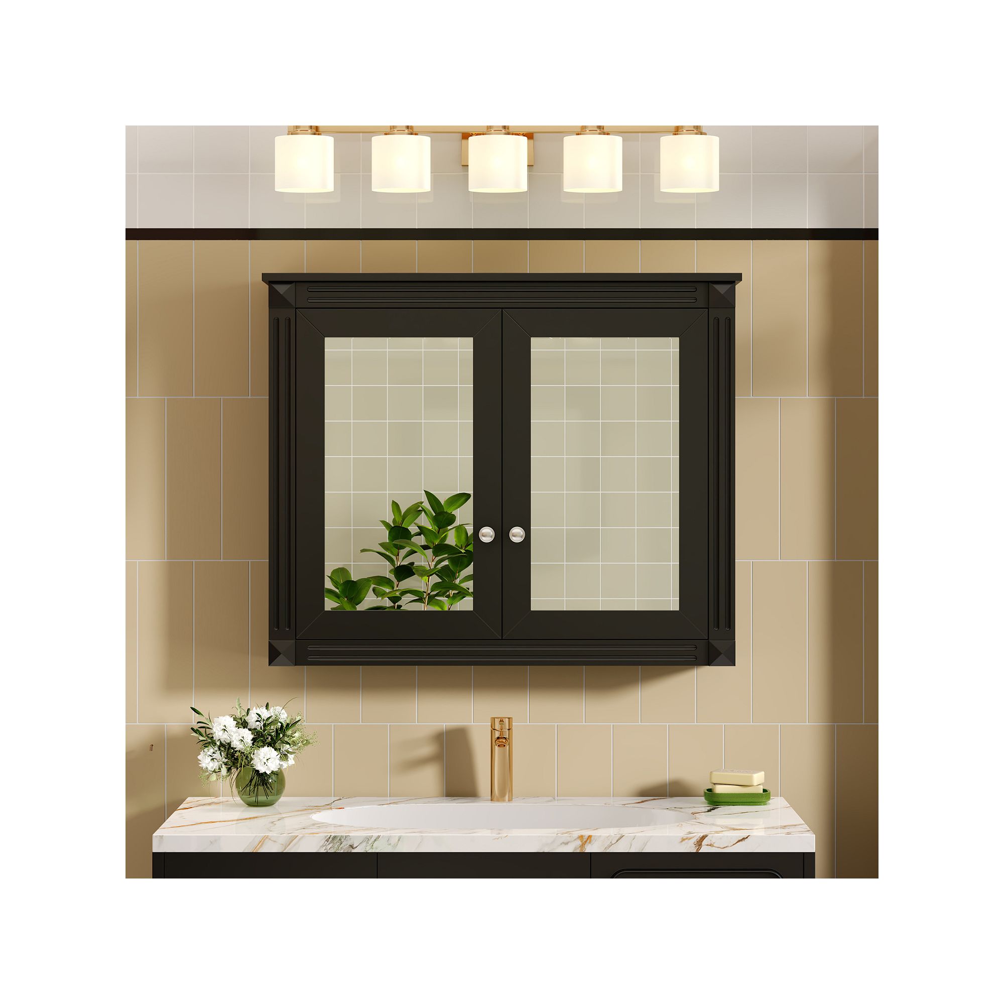 Dark wall-mounted bathroom cabinet with two mirrored doors.