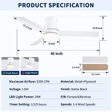 ELEMENT ACE 48-Inch Low Profile Ceiling Fan with Integrated LED Light for Modern Interiors