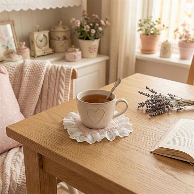 2-PC Lace Trim Square Fabric Cup Coaster with Soft Padded Center and Embroidered Detail