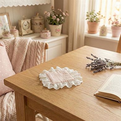 2-PC Lace Trim Square Fabric Cup Coaster with Soft Padded Center and Embroidered Detail