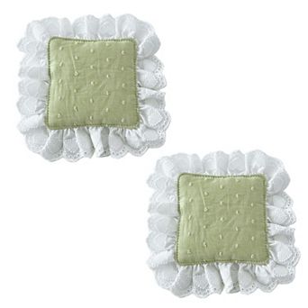 2 pc Lace Trim Square Fabric Cup Coaster with Soft Padded Center and Embroidered Detail