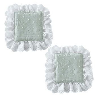 2 pc Lace Trim Square Fabric Cup Coaster with Soft Padded Center and Embroidered Detail