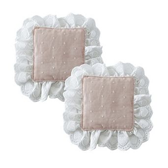 2 pc Lace Trim Square Fabric Cup Coaster with Soft Padded Center and Embroidered Detail