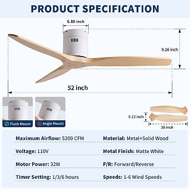 ELEMENT ACE 52 Inch Solid Wood Low Profile Flush Mount Ceiling Fan Without Light