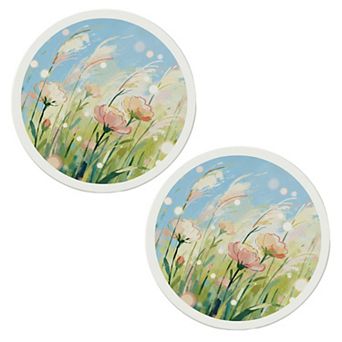 2 pc Round Floral Decorative Coaster with Painted Meadow Design