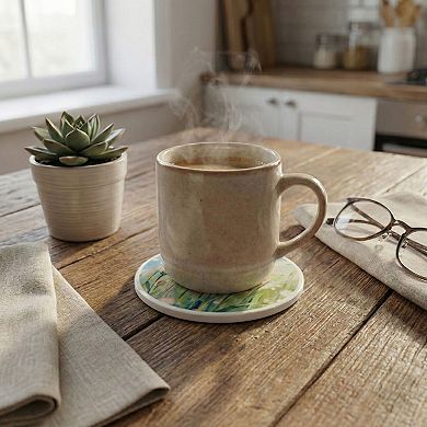 2-PC Round Floral Decorative Coaster with Painted Meadow Design