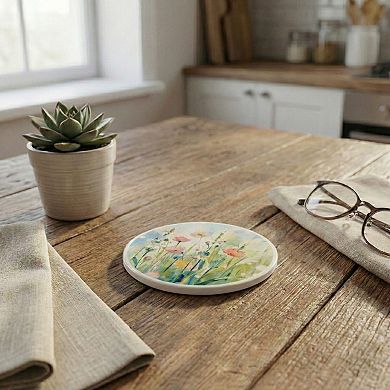 2-PC Round Floral Decorative Coaster with Painted Meadow Design