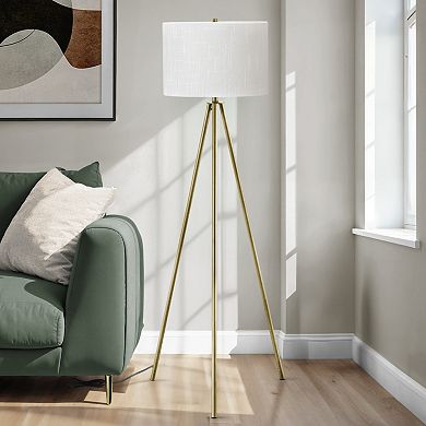 ELEMENT ACE Contemporary Tripod Floor Lamp with Linen Shade and Brass Finish