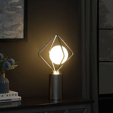 ELEMENT ACE Modern Monoclinic Pendeloque Silver Metal Table Lamp with White Glass Orb Shade