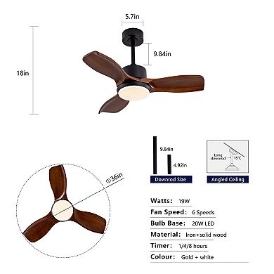 ELEMENT ACE 36 Inch Solid Wood Ceiling Fan with Remote Control and Dimmable LED Light