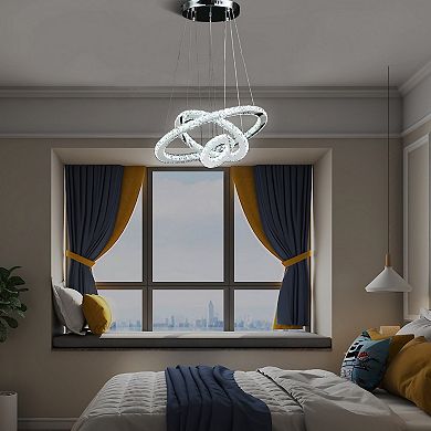 ELEMENT ACE Adjustable Height Triple Hoop Modern Crystal LED Remote Dimmer Chandelier