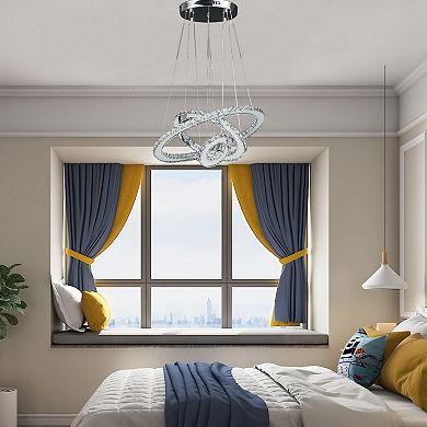 ELEMENT ACE Adjustable Height Triple Hoop Modern Crystal LED Remote Dimmer Chandelier